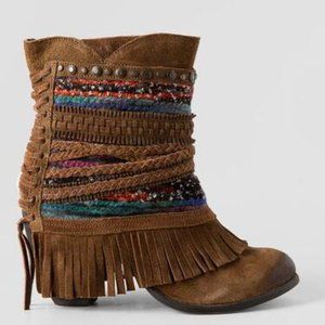 Naughty Monkey Suede Poncho Boots - Multicolor Fringe Booties - Brown